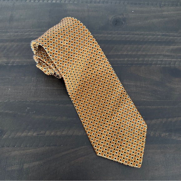 Hickey Freeman 100% Silk Tie - Luxe Gold Brown Geometric - Made in Italy Necktie - Picture 1 of 4